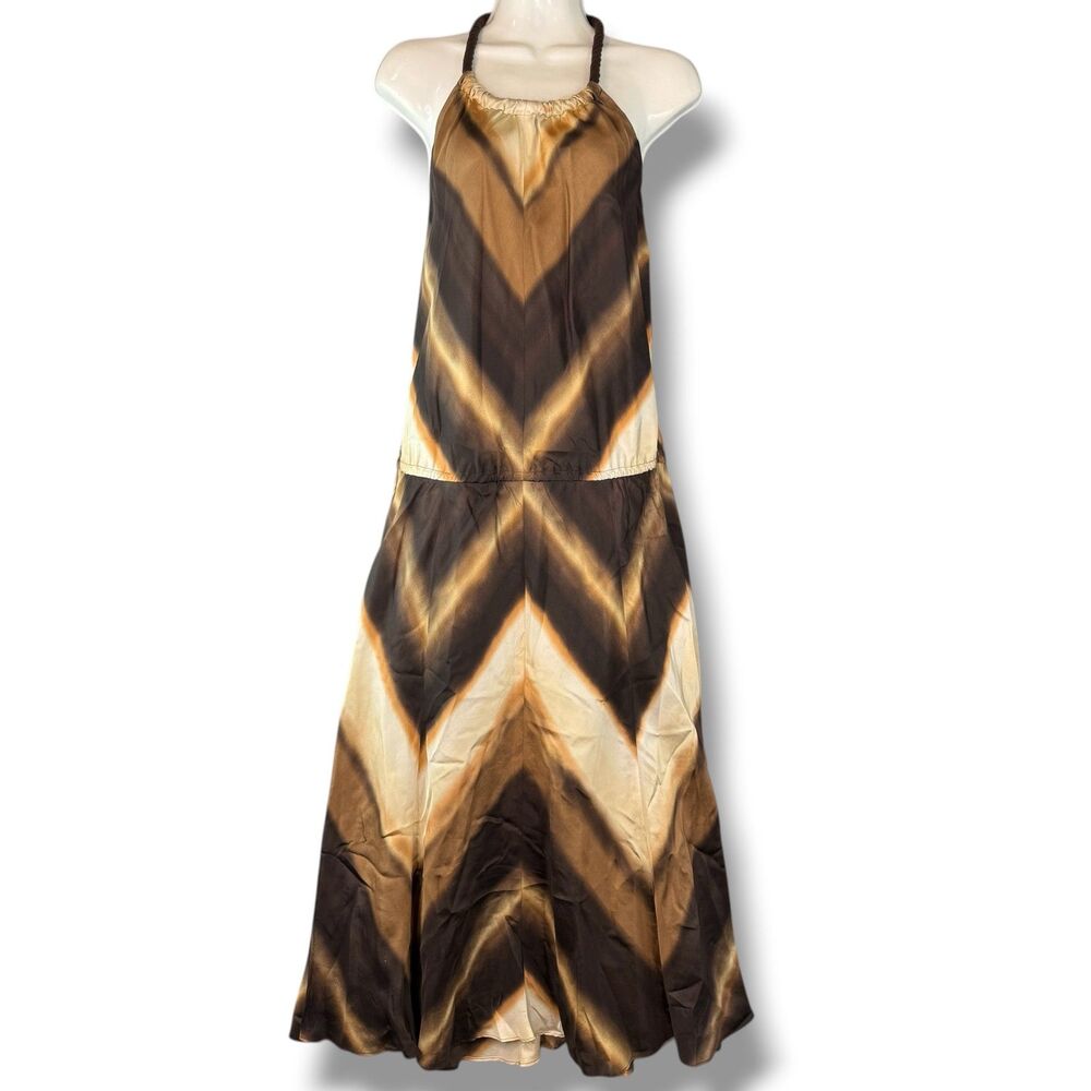 Banana Republic Silk Halter Maxi Brown Chevron Pattern Dress 100% Silk Size 10